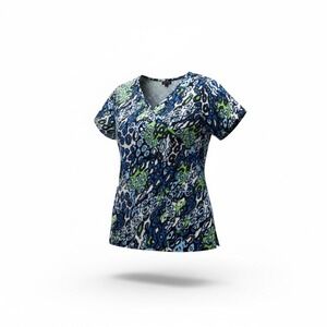 Flex Scrub Top Women's Short Sleeve V Neck Animal Print Blue Green SM